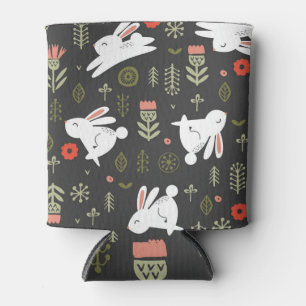 Dark background, white rabbits, floral vintage. can cooler