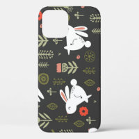 Dark background, white rabbits, floral vintage.