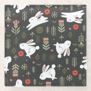 Dark background, white rabbits, floral vintage. glass coaster