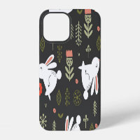 Dark background, white rabbits, floral vintage.