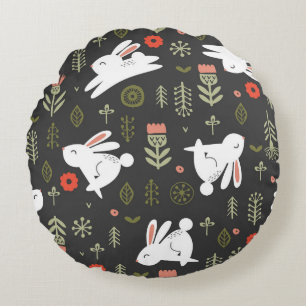 Dark background, white rabbits, floral vintage. round cushion
