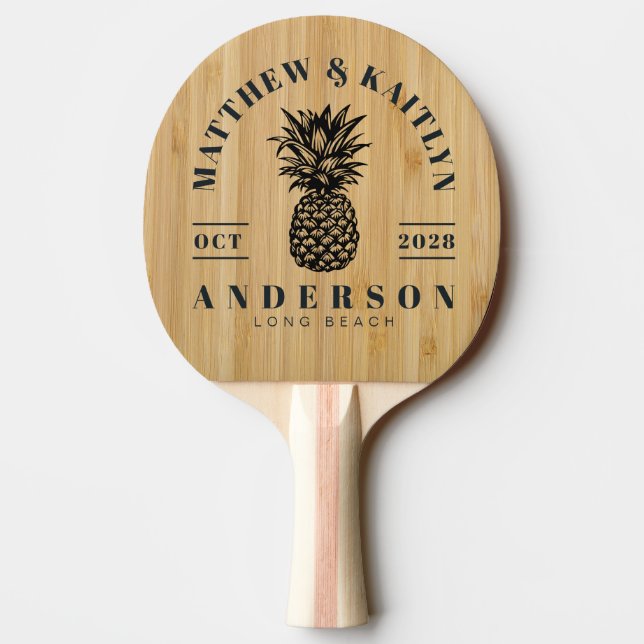 Dark Bamboo Tropical Pineapple Wedding Crest Ping Pong Paddle (Back)