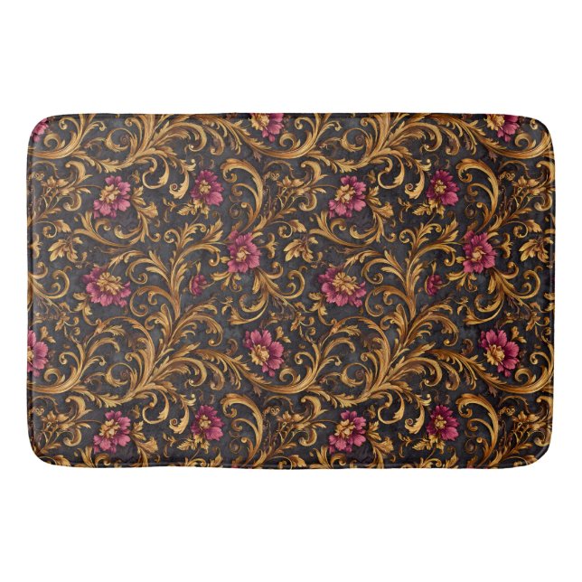 Dark Baroque Floral with Gold Scrolls Bath Mat (Front)