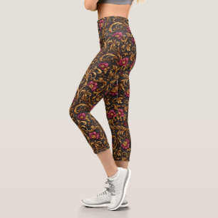 Dark Baroque Floral with Gold Scrolls Capri Leggings