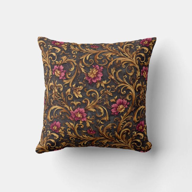 Dark Baroque Floral with Gold Scrolls Cushion (Back)