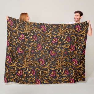 Dark Baroque Floral with Gold Scrolls Fleece Blanket