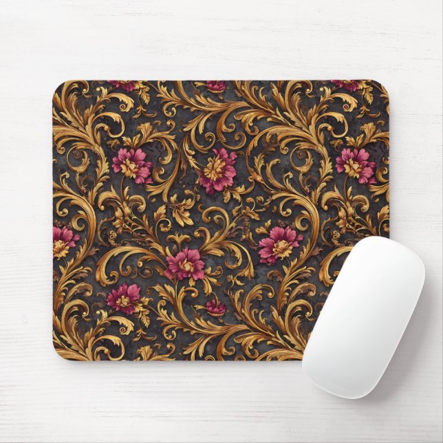 Dark Baroque Floral with Gold Scrolls Mouse Pad (With Mouse)