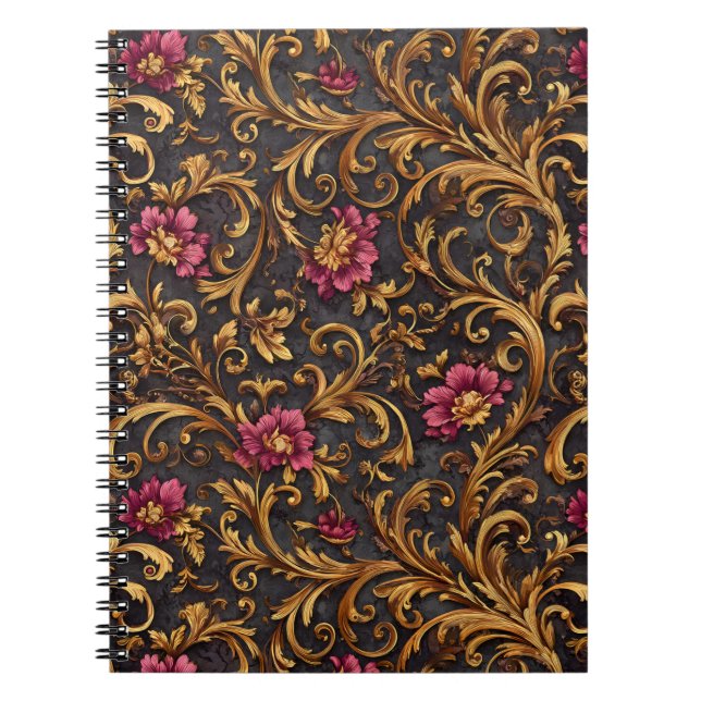 Dark Baroque Floral with Gold Scrolls Notebook (Front)