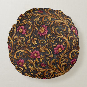Dark Baroque Floral with Gold Scrolls Round Cushion