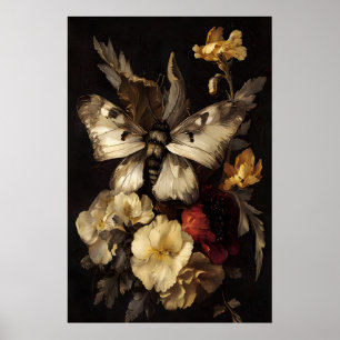 Dark Baroque Moth Art Dark Academia, Gothic Floral Poster