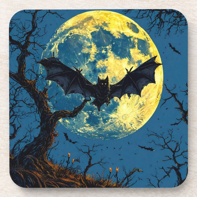 Dark Bat Flying Over Moonlit Sky With Bare Trees Coaster (Front)