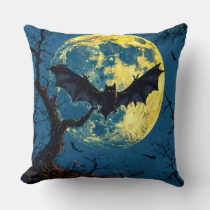 Dark Bat Flying Over Moonlit Sky With Bare Trees Cushion