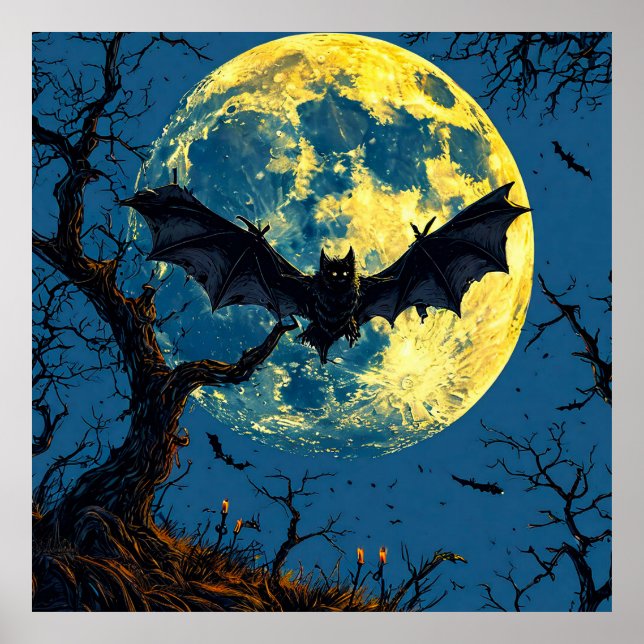 Dark Bat Flying Over Moonlit Sky With Bare Trees Poster (Front)