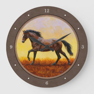 Dark Bay Running Horse Taupe Large Clock