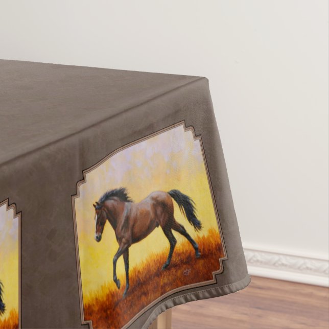 Dark Bay Running Horse Taupe Tablecloth (In Situ)