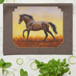 Dark Bay Running Horse Taupe Tea Towel
