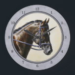 Dark Bay Sport Horse Grey Large Clock<br><div class="desc">A dark bay dressage Trakehner warmblood sport horse portrait with English riding bridle. Accented with a slate grey patterned background.</div>