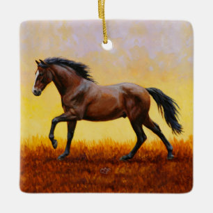 Dark Bay Stallion Horse Galloping Ceramic Ornament