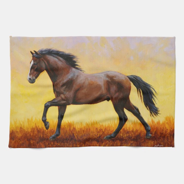 Dark Bay Stallion Horse Galloping Tea Towel (Horizontal)