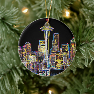 Dark be the Night - Luminous Seattle Skyline Ceramic Ornament