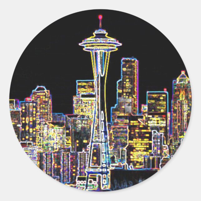 Dark be the Night - Luminous Seattle Skyline Classic Round Sticker (Front)