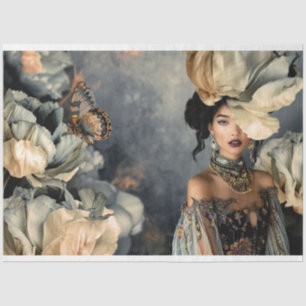 Dark Beauty & Moody Blue Floral, Portrait Art Tissue Paper