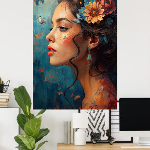 Dark Beauty Woman Portrait Art Poster Floral Hai
