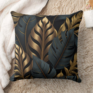 Dark Black and Golden Leaves Throw Pillow