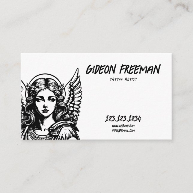 Dark Black and White Angel Tattoo Artist Business Card (Front)