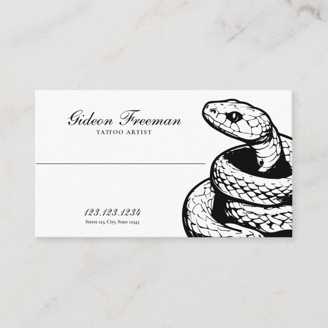 Dark Black and White Script Snake Tattoo Business Card (Front)