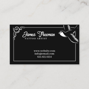 Dark Black and White Swallow Bird Tattoo Artist Business Card