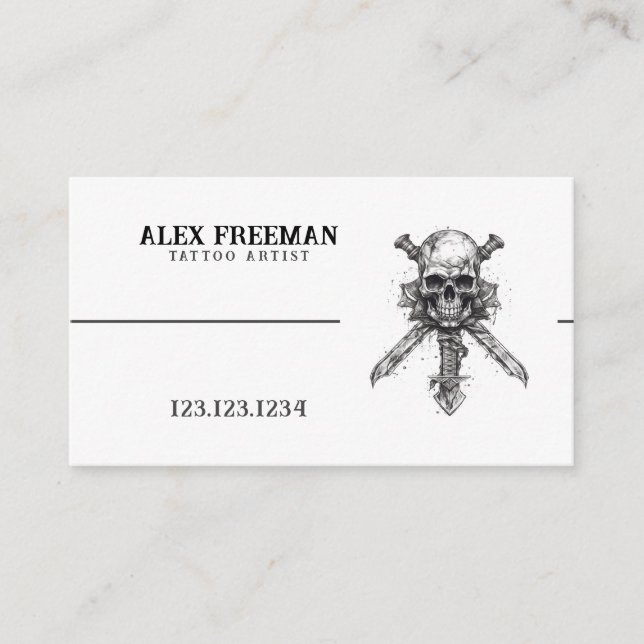 Dark Black and White Sword Skull Tattoo Artist Business Card (Front)