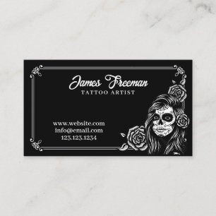 Dark Black and White Women Skull Tattoo Artist Business Card