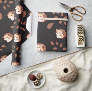 Dark Black Autumn Hedgehog Seamless Wrapping Paper