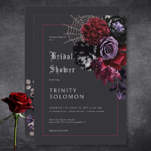 Dark Black Floral & Silver Web Bridal Shower Invitation