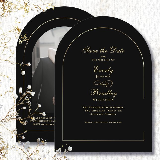 Dark Black Gold Arch Wedding Save the Date Invitation (Creator Uploaded)