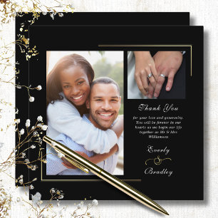 Dark Black Gold White Script Photo Thank You Invitation