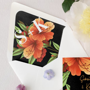 Dark Black Orange Floral Monogram Wedding  Envelope