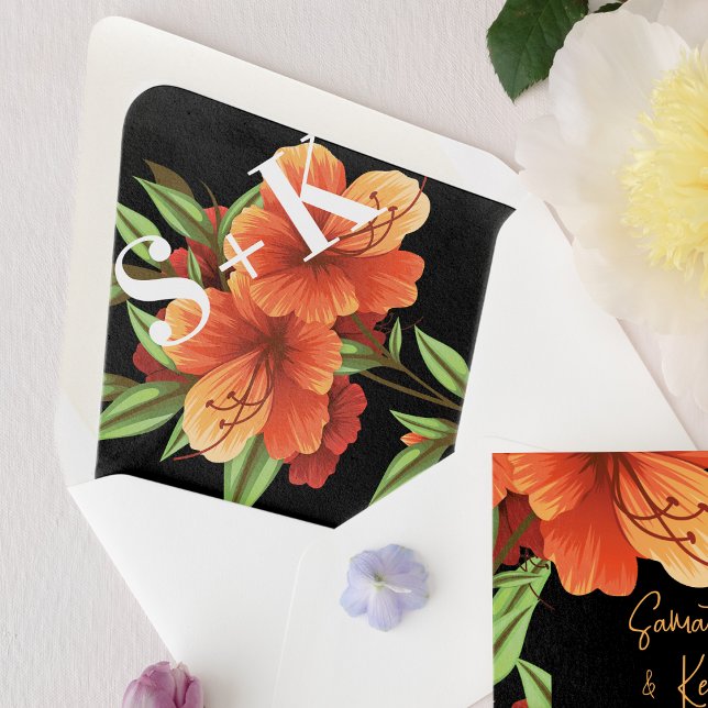 Dark Black Orange Floral Monogram Wedding  Envelope (Dark Black Orange Floral Monogram Wedding Envelope)