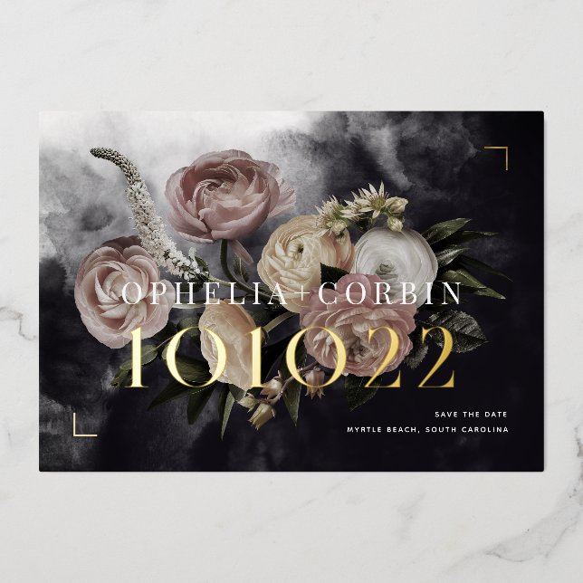 Dark Black Rose Bouquet Wedding Save the Date (Front)