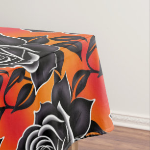 Dark Black Roses With White Outlines Tablecloth