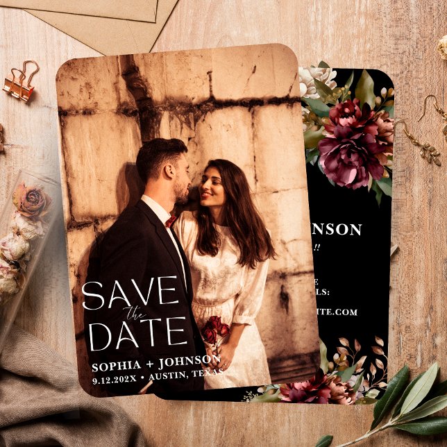 Dark black rustic floral couple photo wedding save the date (Creator Uploaded)