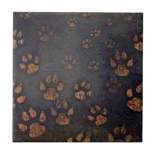 Dark Black Rustic Pet Paw Print Pattern Ceramic Tile