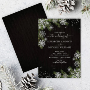 Dark Black Rustic Silver Winter Greenery Wedding Invitation