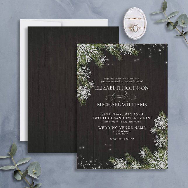 Dark Black Rustic Silver Winter Greenery Wedding Invitation (Creator Uploaded)