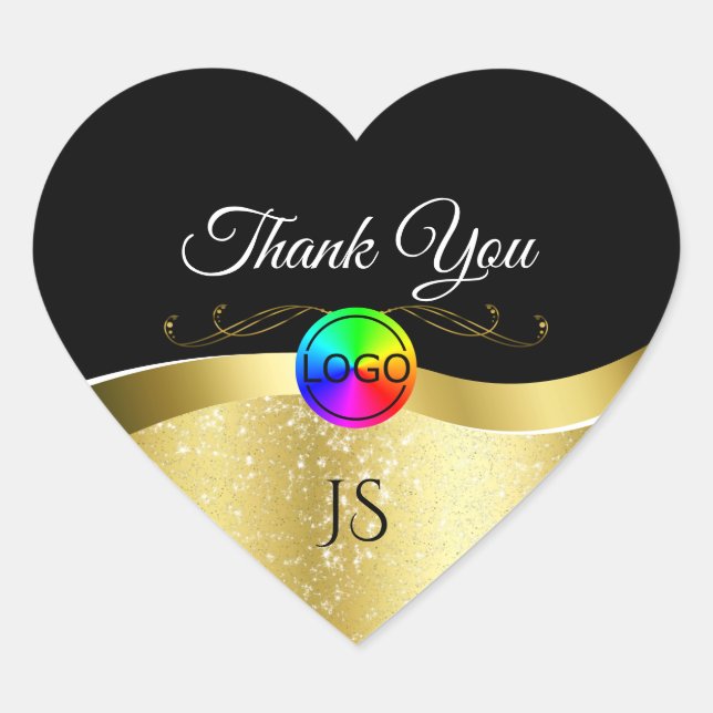 Dark Black Wavy Gold with Logo Monogram Thank You Heart Sticker (Front)