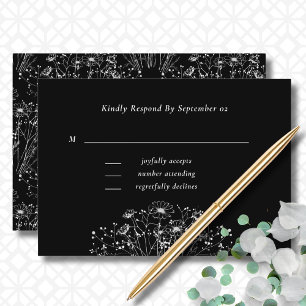 Dark Black White Floral Minimal Wedding RSVP