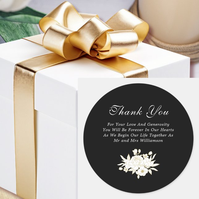 Dark Black White Gold Roses Elegant Thank You  Classic Round Sticker (Creator Uploaded)