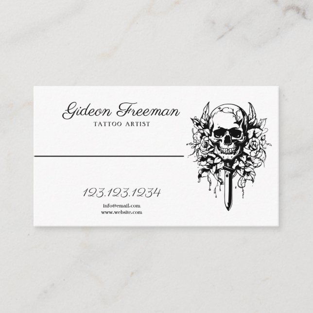 Dark Black & White Knife Skull Tattoo Artist Business Card (Front)