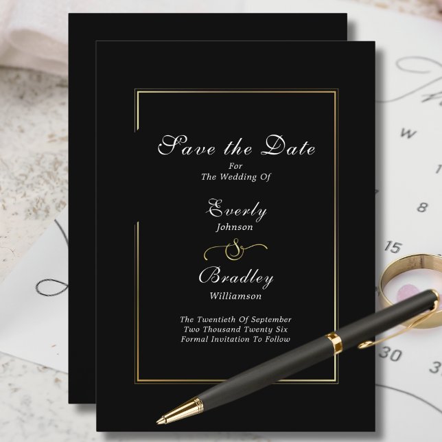 Dark Black White Script Gold Border Save the Date Invitation (Creator Uploaded)